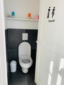 Elle comprend une petite salle de bains pourvue de toilettes et d'un mur noir. dans l'établissement Les Tourterelles, à Vendôme