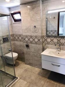 La salle de bains est pourvue de toilettes, d'un lavabo et d'une douche. dans l'établissement Kemer Guney Homes Apart, à Kemer