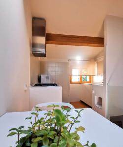 1 dormitorio con 1 cama blanca y cocina en Apartamento Zocailla, en Gata