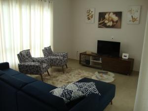 a living room with a blue couch and a tv at Minha Casinha Azul na Represa in Paranapanema