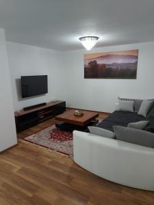 a living room with a couch and a tv at Willa pod Halą Krupową in Skawica