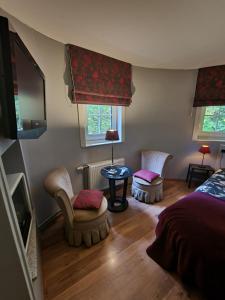 Schlafzimmer mit einem Bett, einem Tisch und Stühlen in der Unterkunft Manoir du bois des rêves in Lacroix