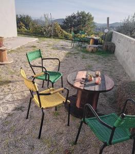een groep stoelen en een tafel en stoelen bij Agriturismo L'Arco in Guarcino