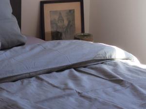 a bed with a blue comforter on top of it at Das Koralpenchalet in Trahütten