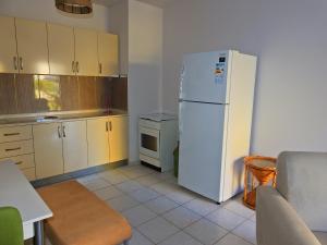 Il comprend une cuisine équipée d'un réfrigérateur blanc et d'une cuisinière. dans l'établissement Ertunalp Apartment, à Famagouste