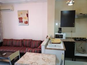kuchnia oraz salon z kanapą i umywalką w obiekcie résidence les jardins w mieście El Aouina