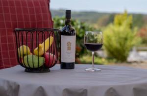 een fles wijn en een glas op een tafel bij Ferienwohnung Vicus - am Fuße des Schaumberges in Tholey