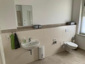 een badkamer met een wastafel, een toilet en een spiegel bij Ferienwohnung am Froser See in Frose
