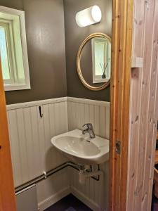 a bathroom with a sink and a mirror at Fjällstuga i Foskros m bastu in Idre