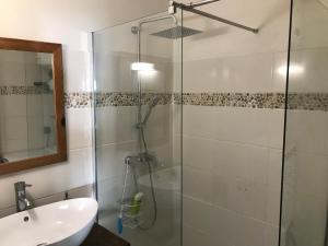 La salle de bains est pourvue d'une douche en verre et d'un lavabo. dans l'établissement APPARTEMENT COLIBRI , Les Anses d 'Arlet, à Les Anses-d'Arlet