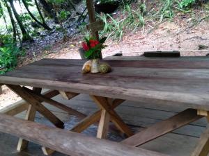 a wooden picnic table with a vase of flowers on it at Reserva Natural Selva Mojada in Nuquí