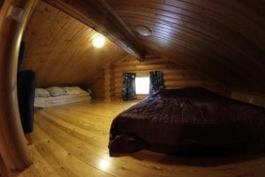 a large room with a bed in a log cabin at Peikonpesä in Syöte