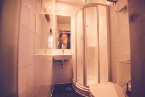 a bathroom with a shower and a toilet and a sink at Hostal Prado in Madrid