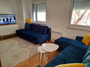 a living room with blue couches and a tv at Apartman White Wings Bjelasnica in Bjelašnica