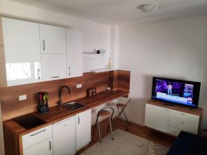 a kitchen with a sink and a tv on a counter at Apartman White Wings Bjelasnica in Bjelašnica