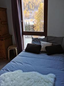 Schlafzimmer mit einem blauen Bett und einem großen Fenster in der Unterkunft Grand studio 4 à 6 personnes, au pied des pistes in Vars