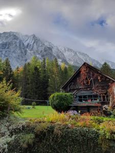 ein Blockhaus mit einem Berg im Hintergrund in der Unterkunft Haus Hildegard in Tauplitz