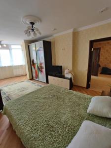 um quarto grande com uma cama grande e uma televisão em Уютная квартира с панорамой города em Odessa