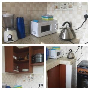two pictures of a kitchen with a blender and a microwave at Yonny’s Citadel in Jinja