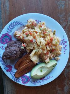 a plate of food with meat and rice and pickles at Delmar Hostal in Bacalar