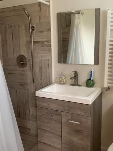 a bathroom with a white sink and a shower at Beautiful 2-Bedroom, 2-Bath Townhouse in Boston +20 photos