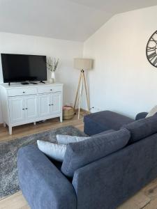a living room with a blue couch and a tv at Superbe appartement au calme avec vue sur le Lac. in Évian-les-Bains