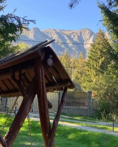 a wooden porch swing with mountains in the background at Lucomi Chalet - For groups - 5 bedrooms in Poiana Ţapului