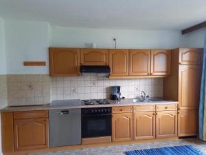 a kitchen with wooden cabinets and a stove top oven at Ferienwohnung Dengg in Stummerberg