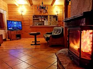 a living room with a fireplace and a tv at Klimatyczny drewniany dom z kominkiem nad jeziorem Mielno w 2h z Warszawy i Gdanska in Olsztynek