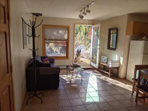 a living room with a dog looking out the window at Studio apartment 15 minute walk to plaza in Santa Fe