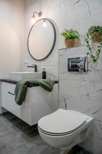 a bathroom with a white toilet and a mirror at Loftowy Zakątek in Leszno +5 photos