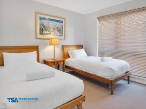 1 dormitorio con 2 camas y ventana en Snowman 2 en Thredbo