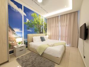 a bedroom with a bed and a large window at Seaview condo near RF Mall, Food Court & Free Netflix in Johor Bahru