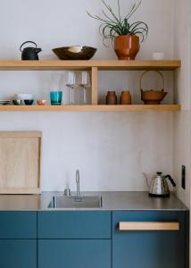 kuchnia z niebieskimi szafkami i zlewem w obiekcie Feldberg Atelier - Courtyard Maisonette w Bazylei