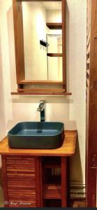 a sink and a mirror in a room at Le Regisseur in Brissac-Quincé