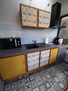 uma cozinha com um lavatório e um micro-ondas em L'Inattendu em Saint-Sébastien-sur-Loire