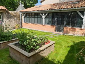 a garden with a house and a large pot of plants at L'Inattendu in Saint-Sébastien-sur-Loire