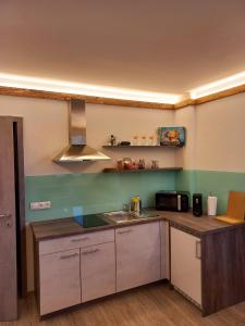 cocina con fregadero y microondas en Gasthof Wachmann Ferienwohnung, en Weiz