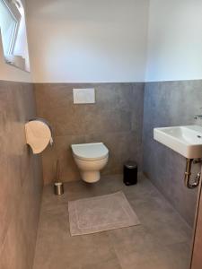 La salle de bains est pourvue de toilettes et d'un lavabo. dans l'établissement Gasthof Wachmann Ferienwohnung, à Weiz