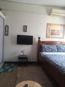 a bedroom with a bed and a flat screen tv at RAFIKI Apartment in Mombasa