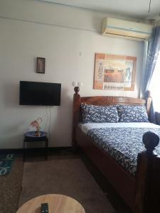 a bedroom with a bed and a flat screen tv at RAFIKI Apartment in Mombasa