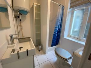 ein Bad mit einem WC, einem Waschbecken und einem Fenster in der Unterkunft Joli Studio proche plage et centre avec parking in Wimereux