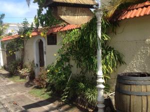 ein Haus mit einer Palme neben einem Fass in der Unterkunft Chez Henri in Pointe d'Esny
