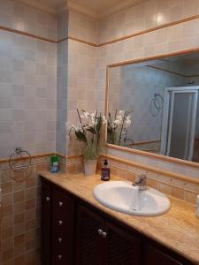 W łazience znajduje się umywalka i lustro. w obiekcie Mirador del Mar w mieście Arenales del Sol