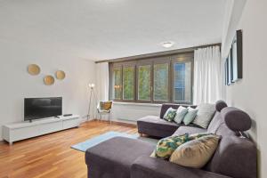 a living room with a couch and a tv at Large, central, bright flat in Luzern