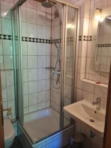 La salle de bains est pourvue d'une douche, de toilettes et d'un lavabo. dans l'établissement Kleines Brauhaus Ingolstadt, à Ingolstadt