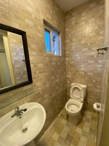 a bathroom with a sink and a toilet and a mirror at Spacious Apartment Minutes from the Beach in Jan Thiel