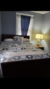 a bedroom with a large bed with a blue curtain at Royalbluecozy in Saint Albans