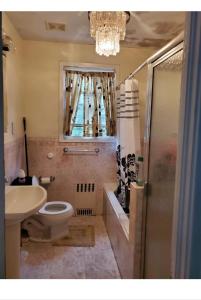 a bathroom with a toilet and a sink and a chandelier at Royalbluecozy in Saint Albans