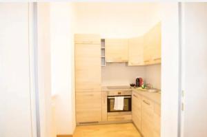 uma pequena cozinha com armários de madeira e um lavatório em Studio-Apartment between Schoenbrunn & the City Center (18) em Viena